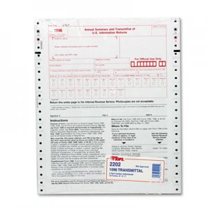 TOPS 2202 1096 IRS Approved Tax Forms, 8 x 11, 2-Part Carbon, 10 Contin Forms