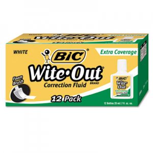 BIC WOFEC12WE Wite-Out Extra Coverage Correction Fluid, 20 ml Bottle, White, 1/Dozen