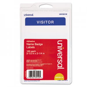 Universal UNV39110 "Visitor" Self-Adhesive Name Badges, 3 1/2 x 2 1/4, White/Blue, 100/Pack