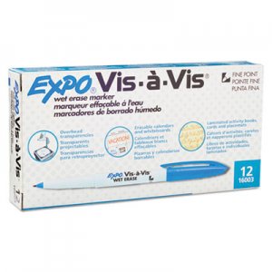 EXPO 16003 Vis-a-Vis Wet-Erase Marker, Fine Point, Blue, Dozen