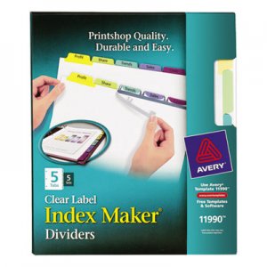 Avery 11990 Print & Apply Clear Label Dividers w/Color Tabs, 5-Tab, Letter, 5 Sets