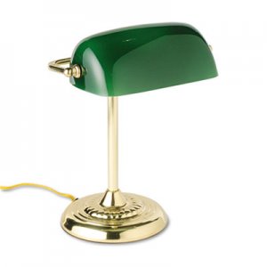 Alera LMP557AB Traditional Incandescent Banker's Lamp, Green Glass Shade, 14"h, Brass Base