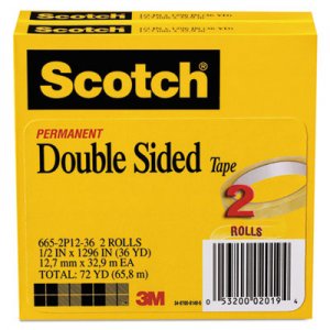 Scotch MMM6652P1236 665 Double-Sided Tape, 1/2" x 1296", 3" Core, Transparent, 2/Pack