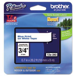 Brother P-Touch TZE243 TZe Standard Adhesive Laminated Labeling Tape, 3/4w, Blue on White