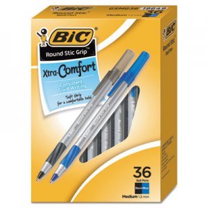 BIC GSMG361AST Round Stic Grip Xtra Comfort Ballpoint Pen, Black/Blue, 1.2mm, Medium, 36/Pack