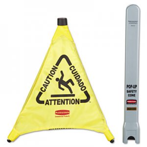 Rubbermaid Commercial RCP9S00YEL Multilingual "Caution" Pop-Up Safety Cone, 3-Sided, Fabric, 21 x 21 x 20, Yellow