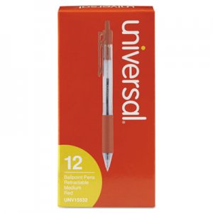 Universal UNV15532 Comfort Grip Retractable Ballpoint Pen, Medium 1mm, Red Ink, Clear Barrel, Dozen