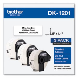 Brother BRTDK12013PK Die-Cut Address Labels, 1.1 x 3.5, White, 400/Roll, 3 Rolls/Pack