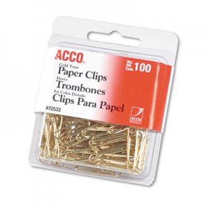 ACCO 72533 Paper Clips, Metal Wire, #2, 1 1/8", Gold Tone, 100/Box