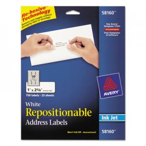 Avery 58160 Repositionable Address Labels, Inkjet/Laser, 1 x 2 5/8, White, 750/Box