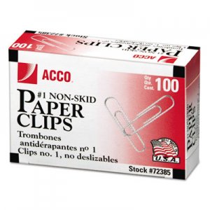 ACCO 72385 Nonskid Economy Paper Clips, Metal Wire, #1, Silver, 100/Box, 10 Boxes/Pack