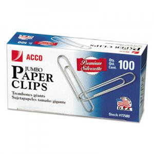 ACCO 72500 Smooth Finish Premium Paper Clips, Metal Wire, Jumbo, Silver, 100/BX, 10 BX/PK