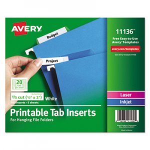 Avery AVE11136 Printable Inserts for Hanging File Folders, 1/5 Tab, Two, White, 100/Pack