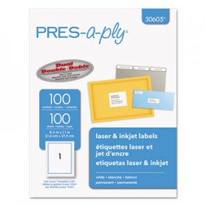 PRES-a-ply 30605 Laser Full-Sheet Labels, 8 1/2 x 11, White, 100/Box