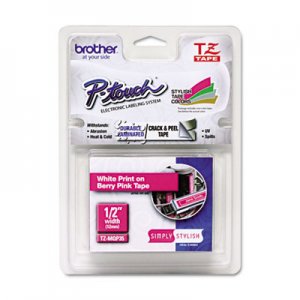 Brother P-Touch TZEMQP35 TZ Standard Adhesive Laminated Labeling Tape, 1/2" x 16.4 ft., White/Berry Pink