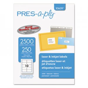 PRES-a-ply AVE30609 Labels, Laser Printers, 2 x 4, White, 10/Sheet, 250 Sheets/Box