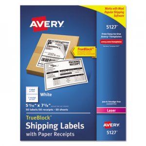 Avery 5127 Shipping Labels w/Paper Receipt, TrueBlock, 5 1/16 x 7 5/8, White, 50/Pack