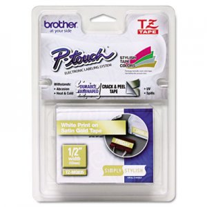 Brother P-Touch TZEMQ835 TZ Standard Adhesive Laminated Labeling Tape, 1/2" x 16.4 ft., White/Satin Gold