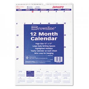 Brownline C171102 Brownline One Month Per Page Twin Wirebound Wall Calendar, 12 x 17, 2012