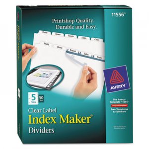 Avery 11556 Print & Apply Clear Label Dividers w/White Tabs, 5-Tab, Letter, 50 Sets