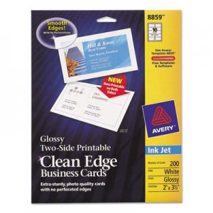 Avery 8859 Two-Sided Clean Edge Business Cards, Inkjet, 2 x 3 1/2, Glossy White, 200/Pack