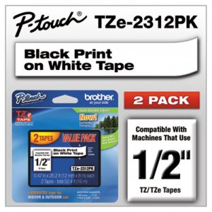 Brother P-Touch TZE2312PK TZe Standard Adhesive Laminated Labeling Tapes, 1/2w, Black on White, 2/Pack