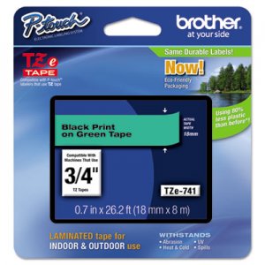 Brother P-Touch TZE741 TZe Standard Adhesive Laminated Labeling Tape, 0.7", Black on Green