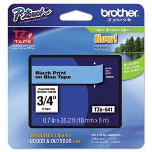 Brother P-Touch TZE541 TZe Standard Adhesive Laminated Labeling Tape, 3/4w, Black on Blue