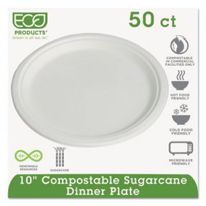 Eco-Products ECOEPP005PK Compostable Sugarcane Dinnerware, 10" Plate, Natural White, 50/Pack