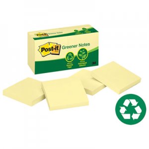 Post-it Greener Notes MMM654RPYW Recycled Note Pads, 3 x 3, Canary Yellow, 100-Sheet, 12/Pack