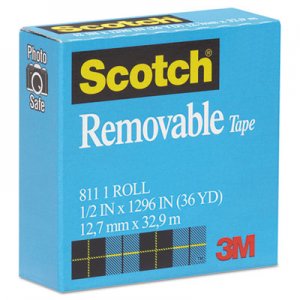 Scotch MMM811121296 Removable Tape, 1/2" x 1296", 1" Core