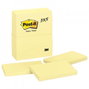 Post-it Notes MMM655YW Original Pads in Canary Yellow, 3 x 5, 100-Sheet, 12/Pack