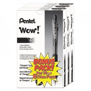 Pentel PENBK440ASWUS WOW! Retractable Ballpoint Pen Value Pack, Medium 1 mm, Black Ink/Barrel, 36/Pack