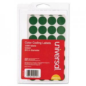 Universal UNV40115 Self-Adhesive Removable Color-Coding Labels, 0.75" dia., Green, 28/Sheet, 36 Sheets/Pack