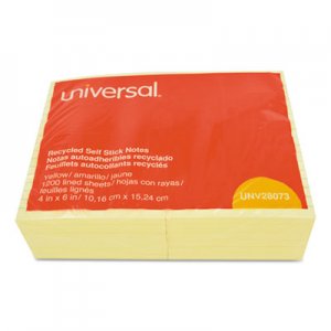 Universal UNV28073 Recycled Self-Stick Note Pads, Lined, 4 x 6, Yellow, 100-Sheet, 12/Pack