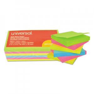 Universal UNV35612 Self-Stick Note Pads, 3 x 3, Assorted Neon Colors, 100-Sheet, 12/Pack