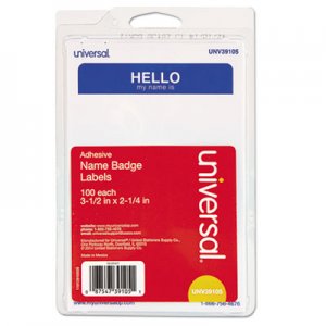 Universal UNV39105 "Hello" Self-Adhesive Name Badges, 3 1/2 x 2 1/4, White/Blue, 100/Pack