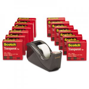 Scotch MMM600KC60 Transparent Tape Dispenser Value Pack, 1" Core, Black, 12/Pack