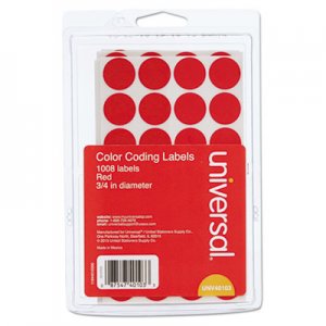 Universal UNV40103 Self-Adhesive Removable Color-Coding Labels, 0.75" dia., Red, 28/Sheet, 36 Sheets/Pack