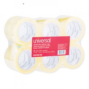 Universal UNV66100 Deluxe General-Purpose Acrylic Box Sealing Tape, 3" Core, 1.88" x 110 yds, Clear, 12/Pack