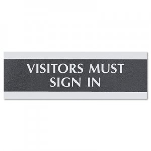 Headline Sign 4763 Century Series Office Sign, VISITORS MUST SIGN IN, 9 x 3, Black/Silver