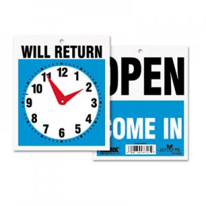 Headline Sign 9382 Double-Sided Open/Will Return Sign w/Clock Hands, Plastic, 7 1/2 x 9