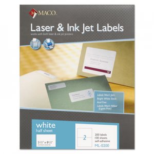 Maco MACML0200 White Laser/Inkjet Internet Shipping Labels, 5 1/2 x 8 1/2, 200/Box