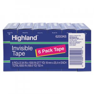 Highland 6200K6 Invisible Permanent Mending Tape, 3/4" x 1000", 1" Core, Clear, 6/Pack