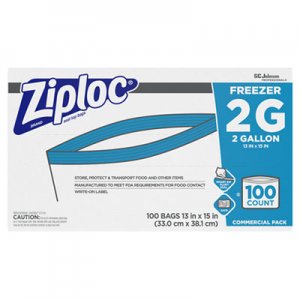 Ziploc SJN682254 Double Zipper Freezer Bags, 2 gal, 2.7 mil, 13" x 15.5", Clear, 100/Carton