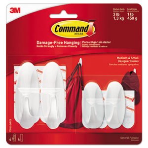 Command MMM170812VPES General Purpose Hooks Small/Medium, 3lb Cap, White, 4 Hooks & 8 Strips/Pack