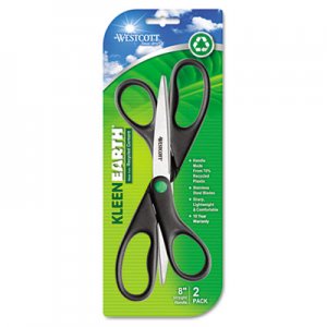 Westcott 15179 KleenEarth Recycled Scissors, 8" Long, Black, 2/Pack