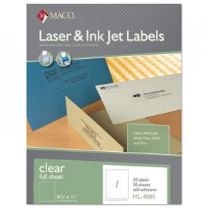 Maco MACML4005 Laser/Inkjet Matte Clear Full Sheet Labels, 8 1/2 x 11, 50/Box