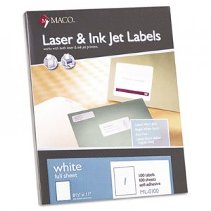 Maco ML0100 White Laser/Inkjet Full-Sheet Identification Labels, 8 1/2 x 11, White, 100/Box