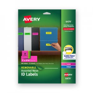 Avery AVE6479 High-Vis Removable Laser/Inkjet ID Labels w/ Sure Feed, 1 x 2 5/8, Neon, 360/PK